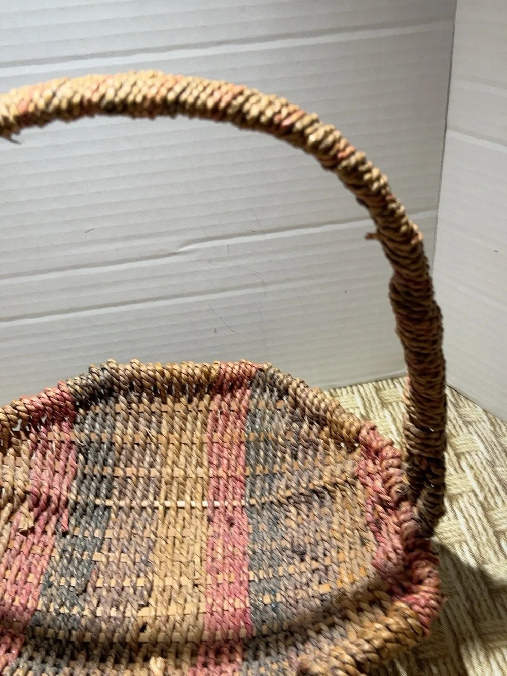 Handwoven Multicolor Willow Basket with Handle - Rustic Tan, Brown & Red